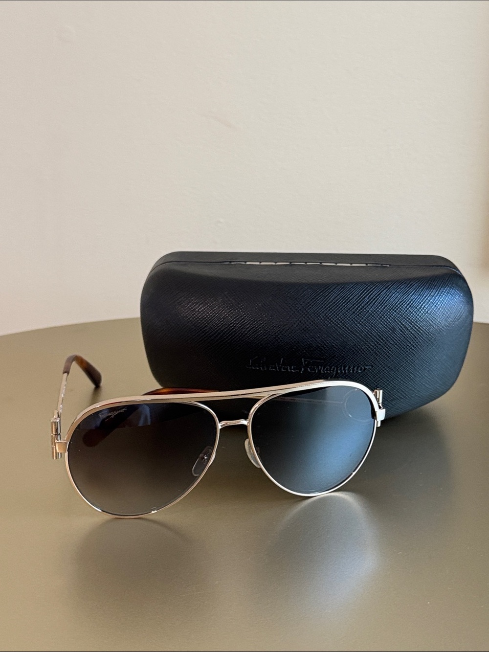 Salvatore Ferragamo Gold Frame Sunglasses with Black Gradient Lenses